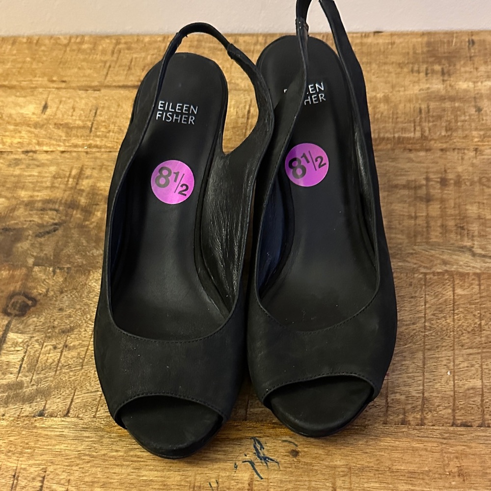 Eileen Fisher Black Open-Toe Slingback Heels 8.5 suede